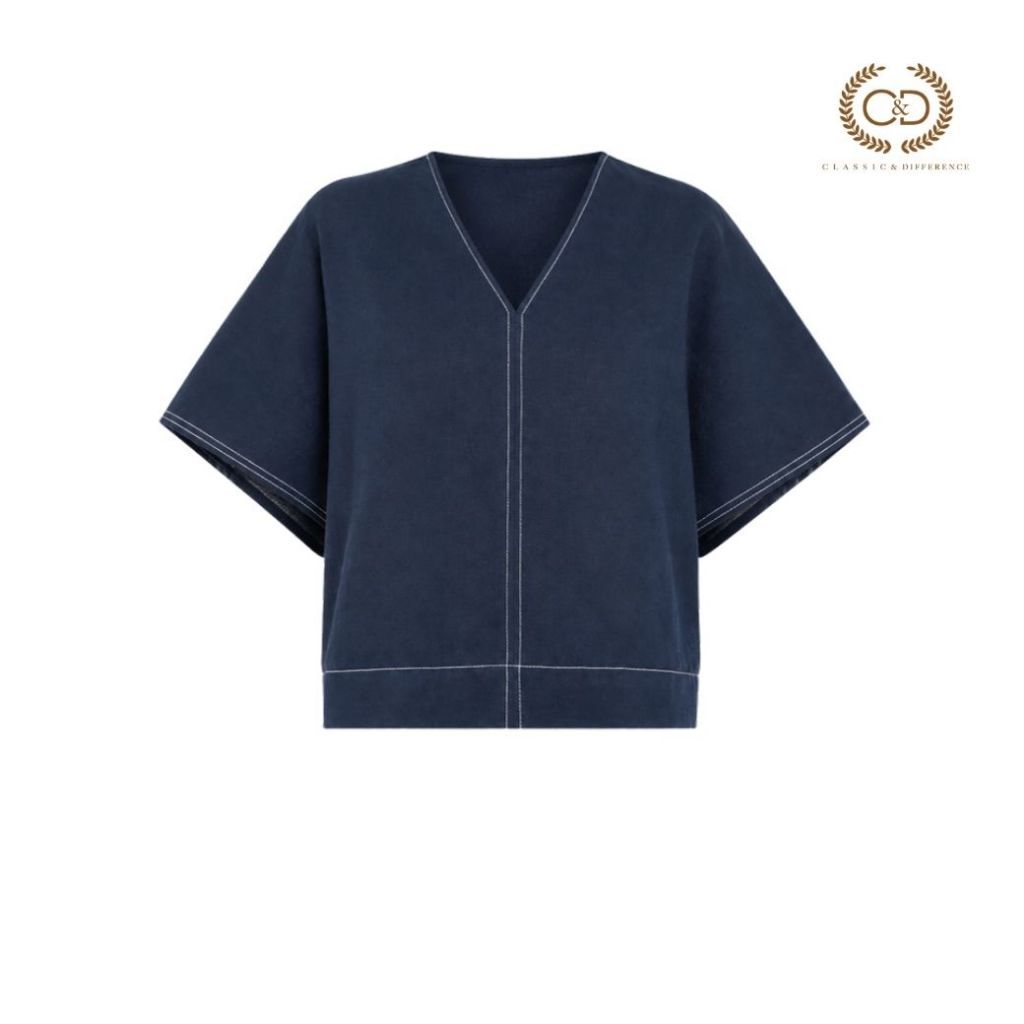 C&D เสื้อผู้หญิง คอวี แขนโอบ สีกรม Woman's blouse Linen Fusion Navy CD1UNV