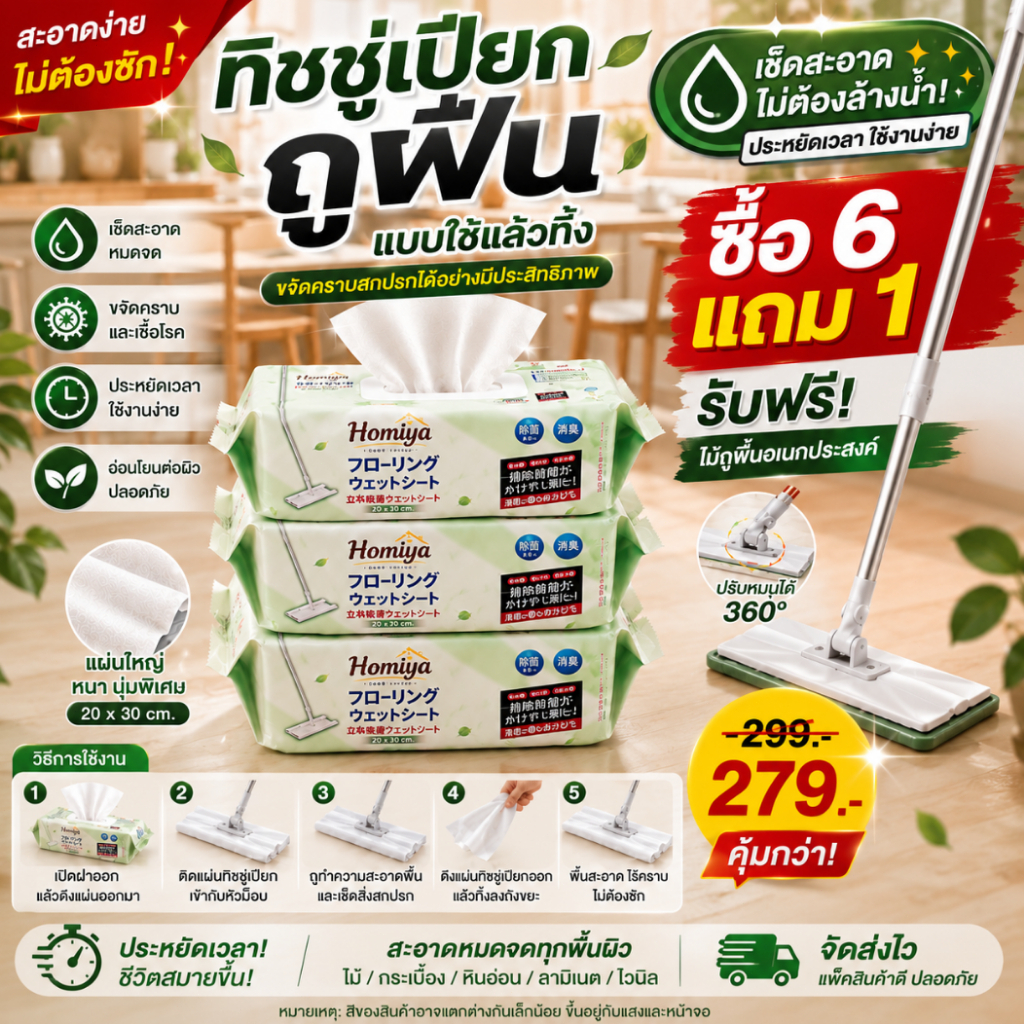【COD】HOMIYA ผ้าเปียกถูพื้นแบบใช้แล้วทิ้ง 6 ห่อ ชุดคุ้มสุด ใช้ได้นาน เช็ดฝุ่น คราบ และเส้นผม แถมไม้ถูพื้น