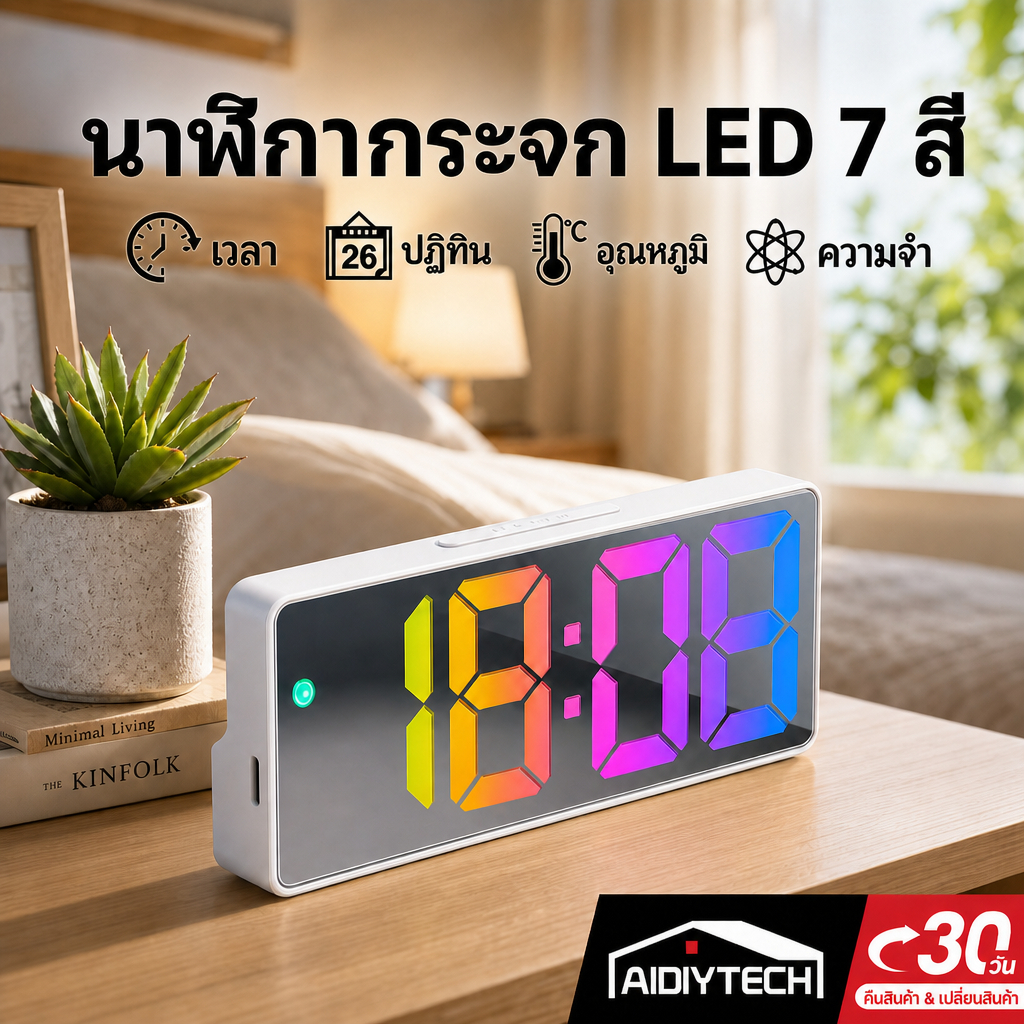AIDIY นาฬิกาตั้งโต๊ะ นาฬิกาปลุก LED ดิจิตอล กระจกเงา 7 สี แสดงอุณหภูมิ ควบคุมด้วยเสียง นาฬิกาตั้งโต๊ะ มินิมอล ส่งด่วน