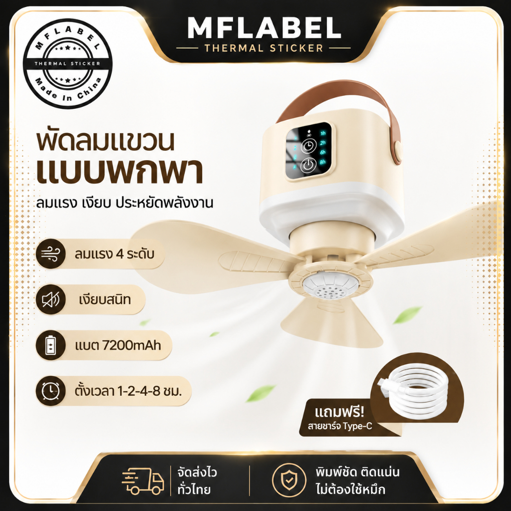 พัดลมแขวนพกพา 7200mAh พร้อมรีโมท ไฟ LED ปรับแรงลม 4 ระดับ พัดลมแคมป์ปิ้ง ชาร์จ Type-C ใช้งานไร้สาย