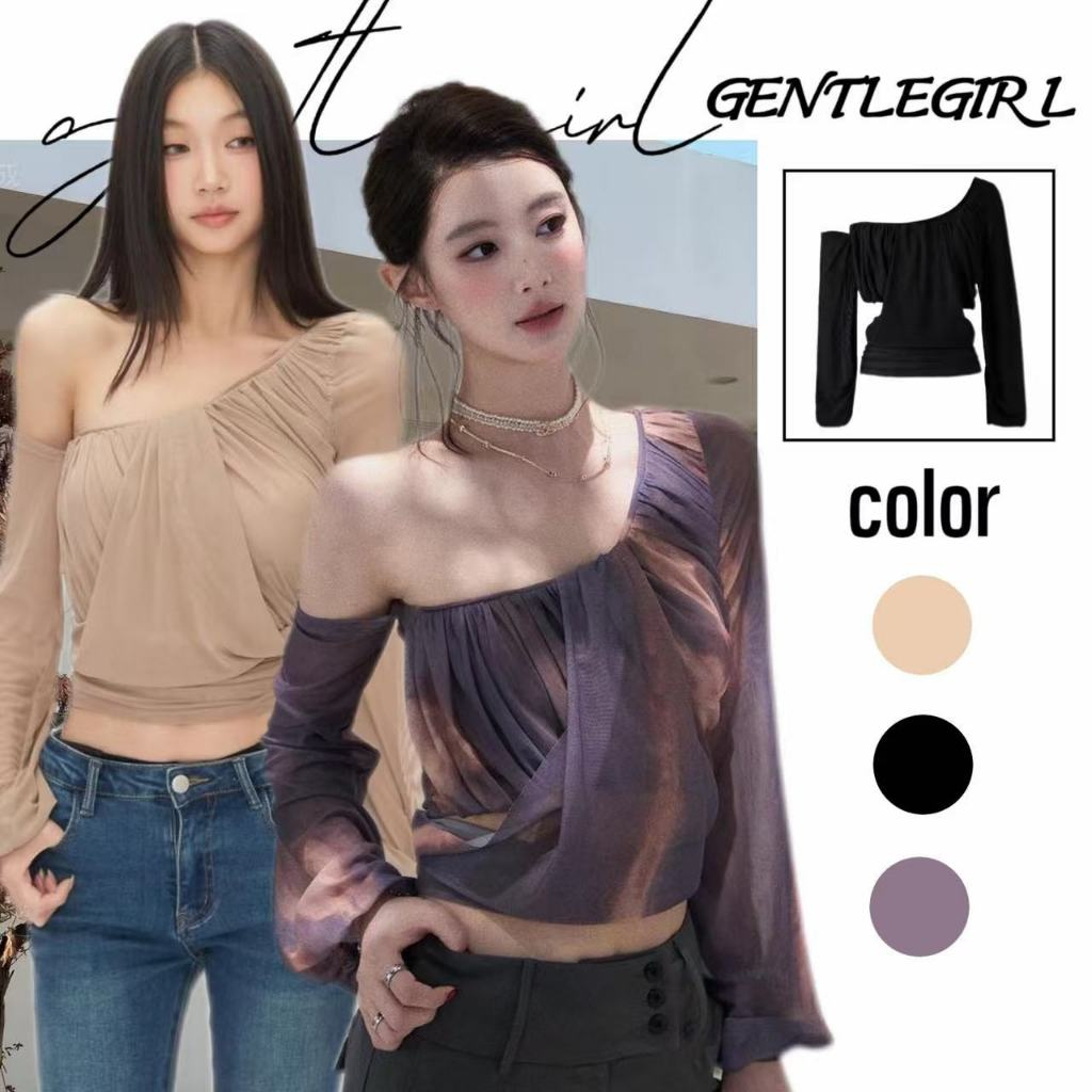 #GG จัดส่งที่รวดเร็ว เสื้อยืดตาข่ายแขนยาวเปิดไหล่ไล่เฉดสีสำหรับผู้หญิง ทรงเข้ารูปและแขนสั้น