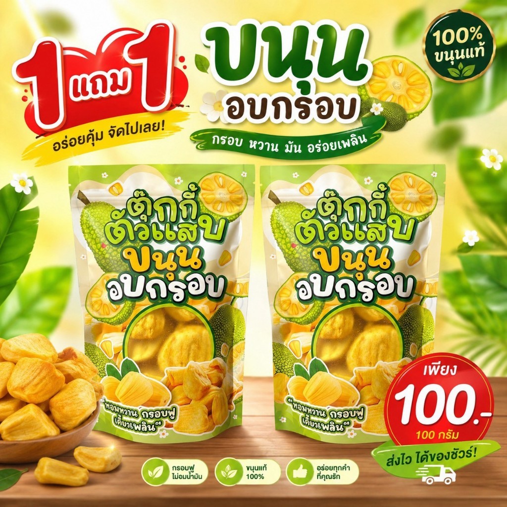 (ส่งฟรี) 1แถม1 ถุงละ100g.ขนุนอบกรอบ ขนุนเหลืองพิชัย หอม หวาน กรอบฟู อร่อยเคี้ยวเพลิน ตุ๊กกี้ตัวแสบ