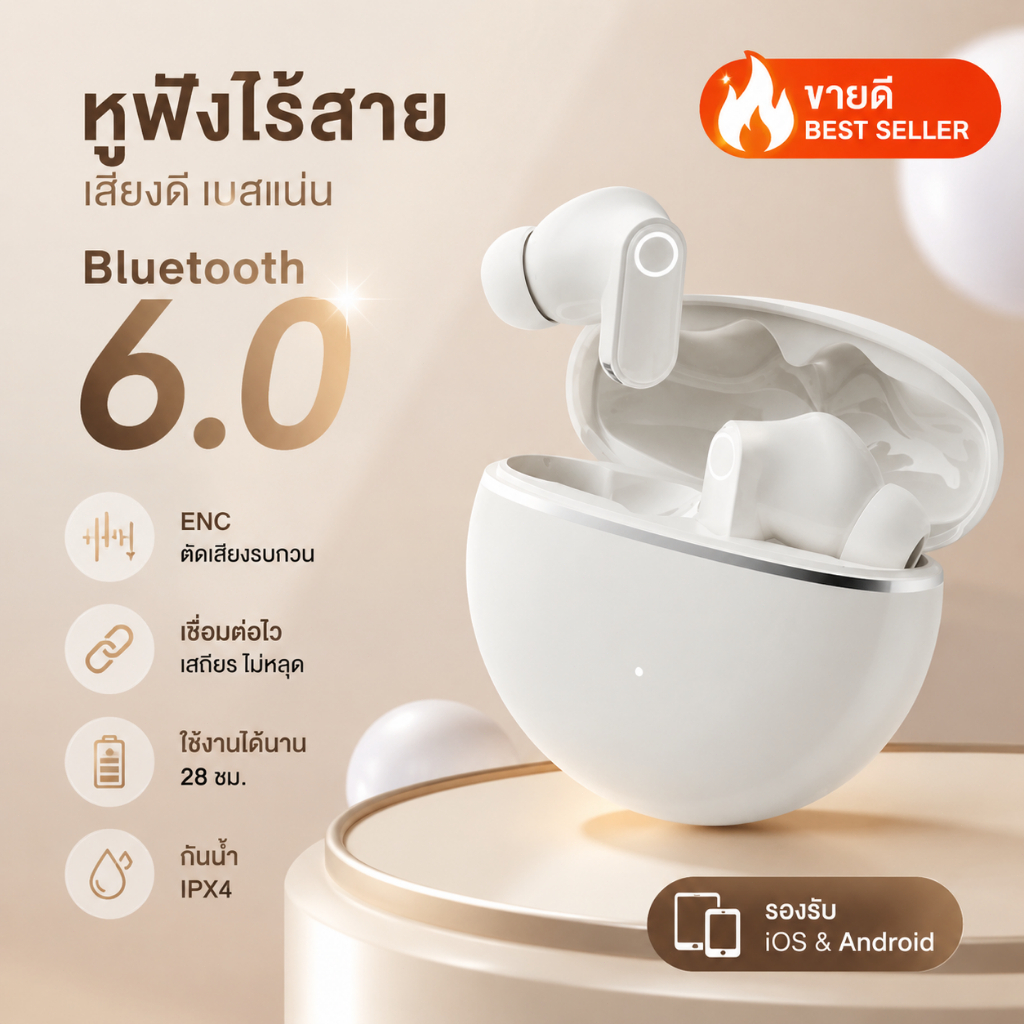 หูฟังไร้สาย TWS Bluetooth 6.0 เสียงดี หน่วงต่ำ ไมค์ชัด กันน้ำ IPX5 แบตเตอรี่ใช้งานได้นาน 24 ชั่วโมง สำหรับฟังเพลง เล่นเก