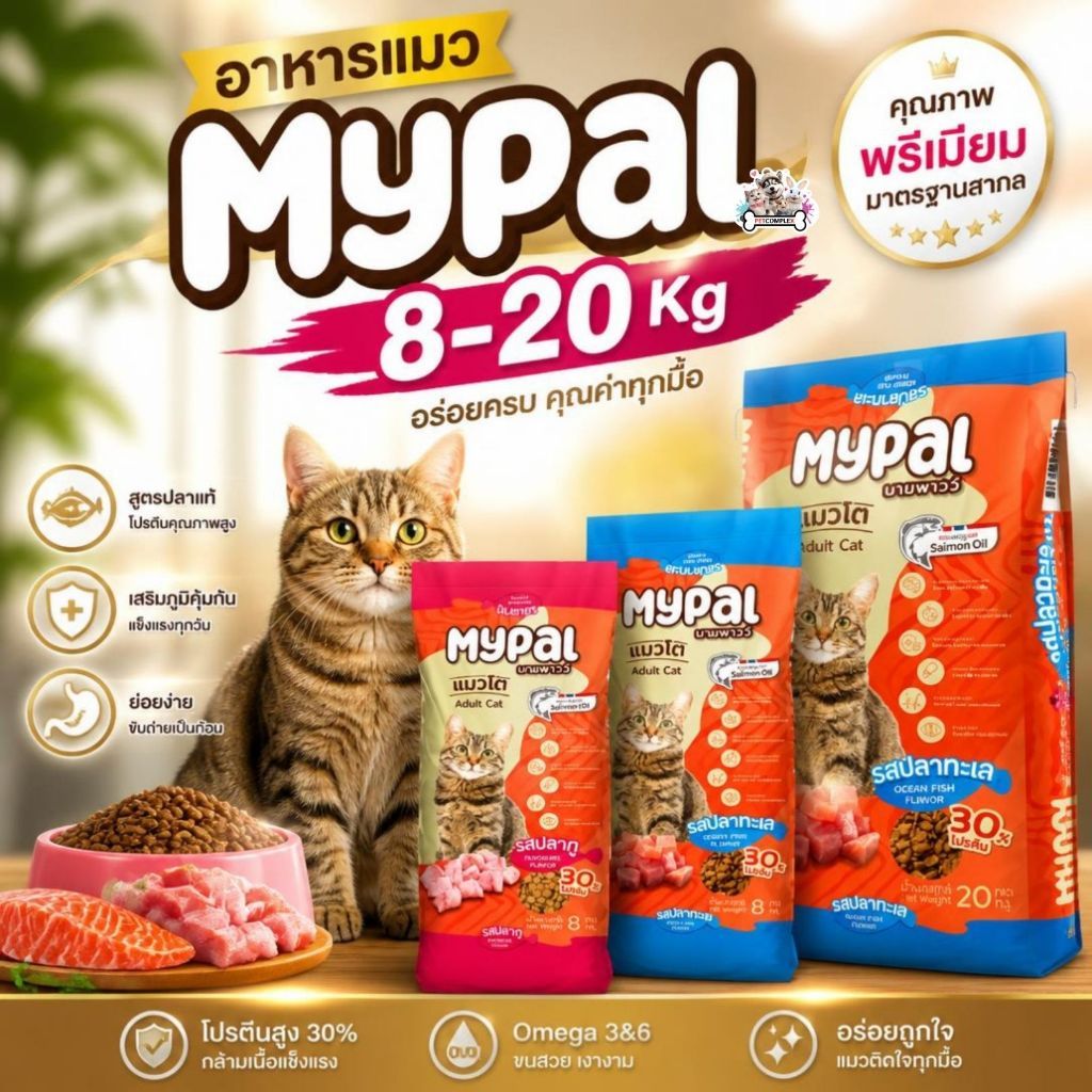 Mypal อาหารแมวเม็ด โปรตีนสูง 30% มี 2 รสชาติ ปลาทู และปลาทะเล ขนาด 8 กิโลกรัม