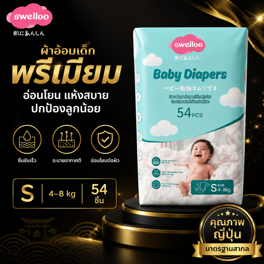 Swelloo ผ้าอ้อมเด็ก นุ่ม บางเบา ทิ้งได้ง่าย ผ้าอ้อม กางเกง&เทป Baby Diaper Pants S-XXL