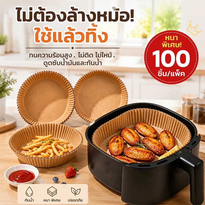 กระดาษรองหม้อทอด 50/100ชิ้น กันติด กันน้ำมัน ทนร้อน 220°C ใช้แล้วทิ้ง
