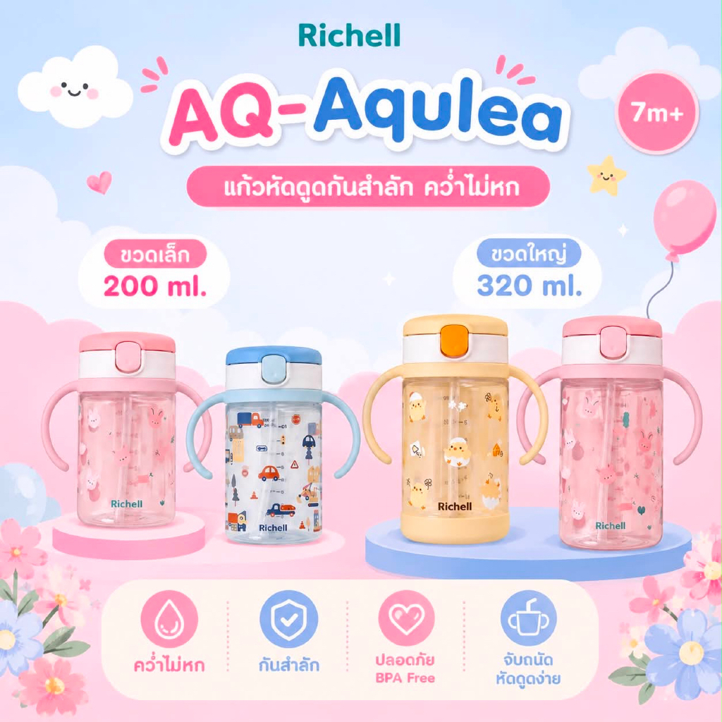 (ส่งด่วน/ส่งทันที🔥) Richell (ริเชลล์) แก้วหลอดดูดกันสำลัก คว่ำไม่หก รุ่นAQ- Aqulea (320 มล.) ลายใหม่