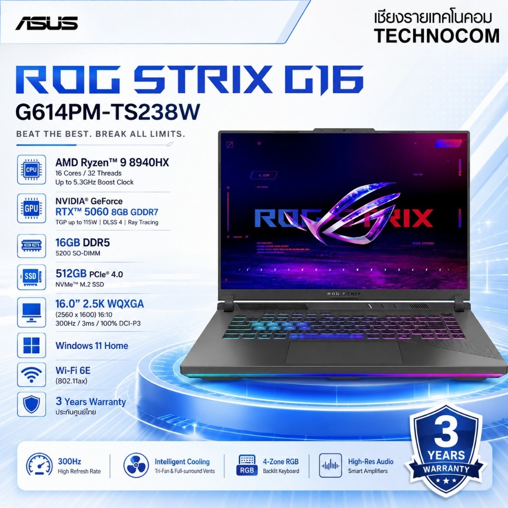 (แกะแล้ว) โน๊ตบุ๊ค ASUS ROG STRIX G16 G614PM-TS238W RYZEN 9 8940HX/16GB DDR5/512GB/16”/WIN 11 HOME