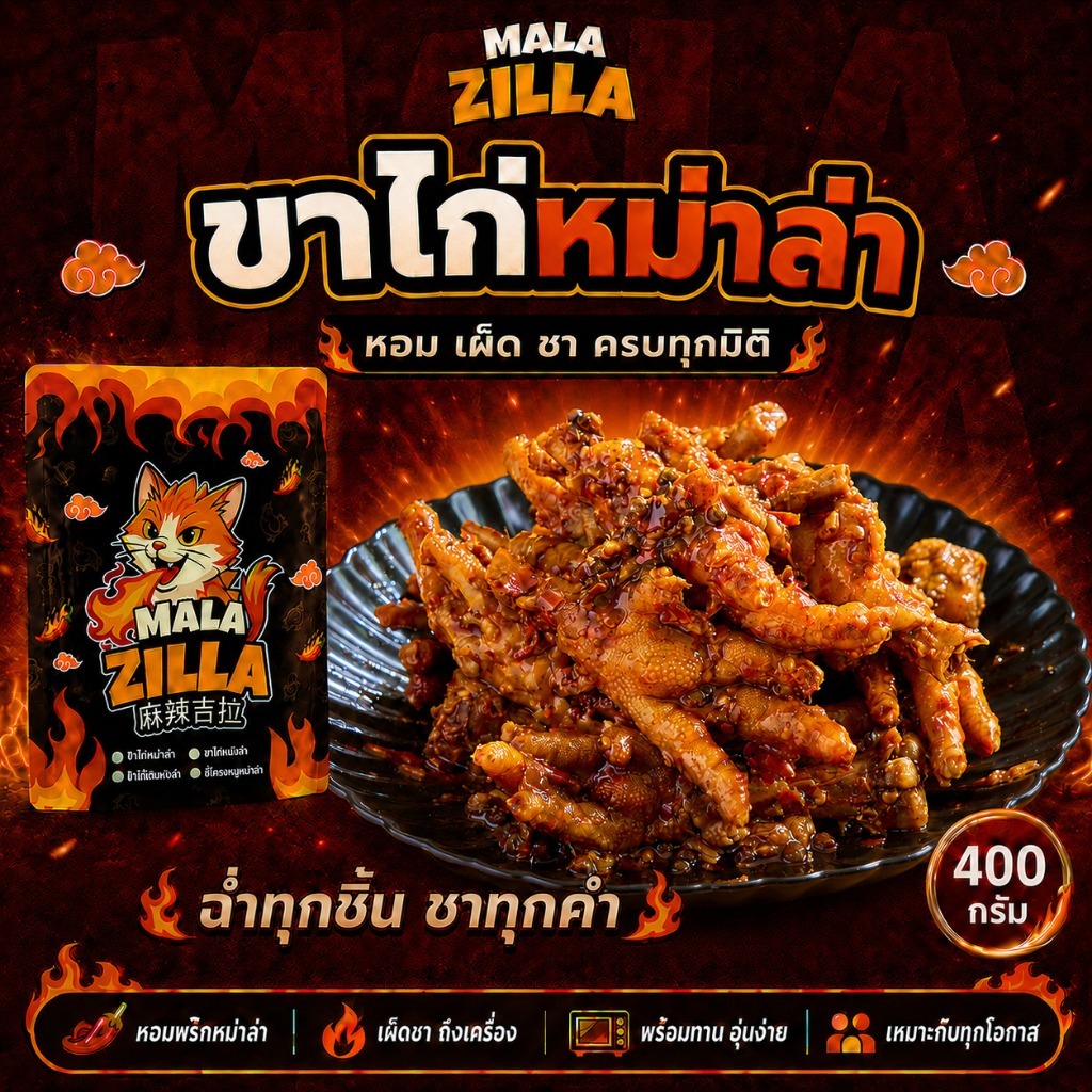 ขาไก่หม่าล่า MALA ZILLA 400g | หม่าล่าแท้ เผ็ดชา สไตล์จีน อาหารแช่แข็ง พร้อมทาน ส่งทันที ส่งฟรี