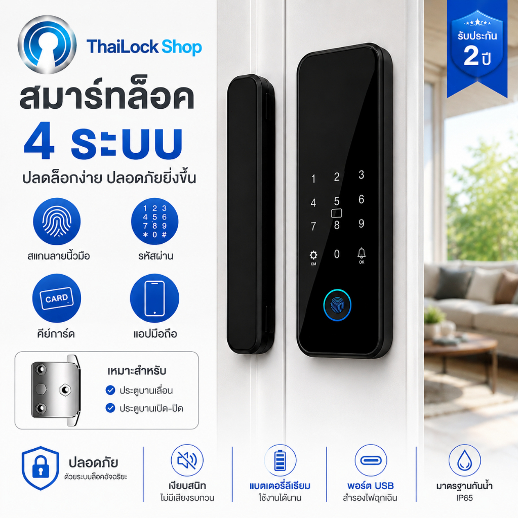 tuya/ttlock กลอนดิจิตอล Digital Door Lock สำหรับ ประตูกระจก ประตูอะลูมิเนียม บางเปิด บางเลื่อน รับปร