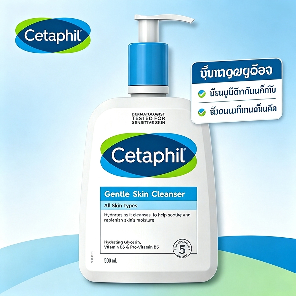 Cetaphil Gentle Skin Cleanser 500ml ผลิตภัณฑ์ล้างหน้าอ่อนโยน ทำความสะอาดผิวไม่แห้งตึง เหมาะผิวบอบบางแพ้ง่าย