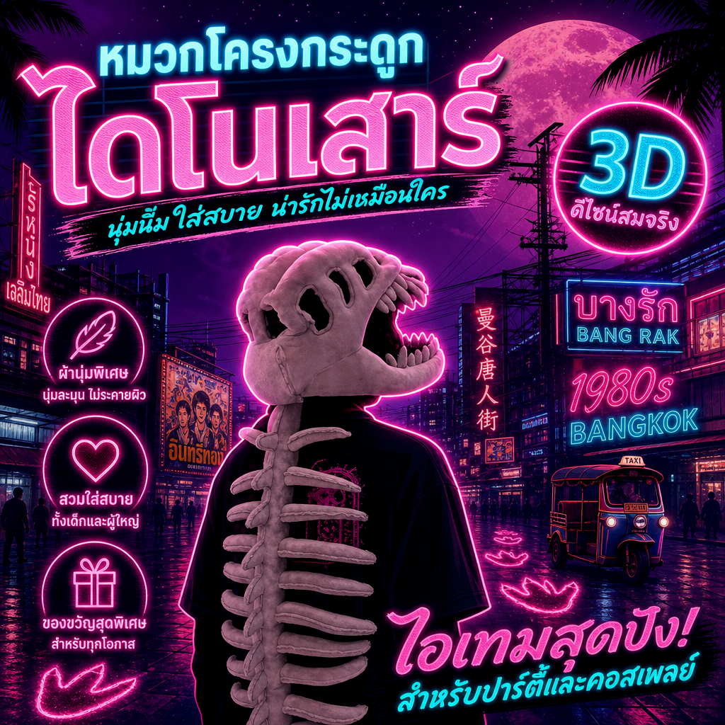 [พร้อมส่ง] หมวกโครงกระดูกไดโนเสาร์ 3D ใส่คอสเพลย์ ปาร์ตี้ นุ่มน่ารัก ของขวัญเด็ก-ผู้ใหญ่ 80/120cm