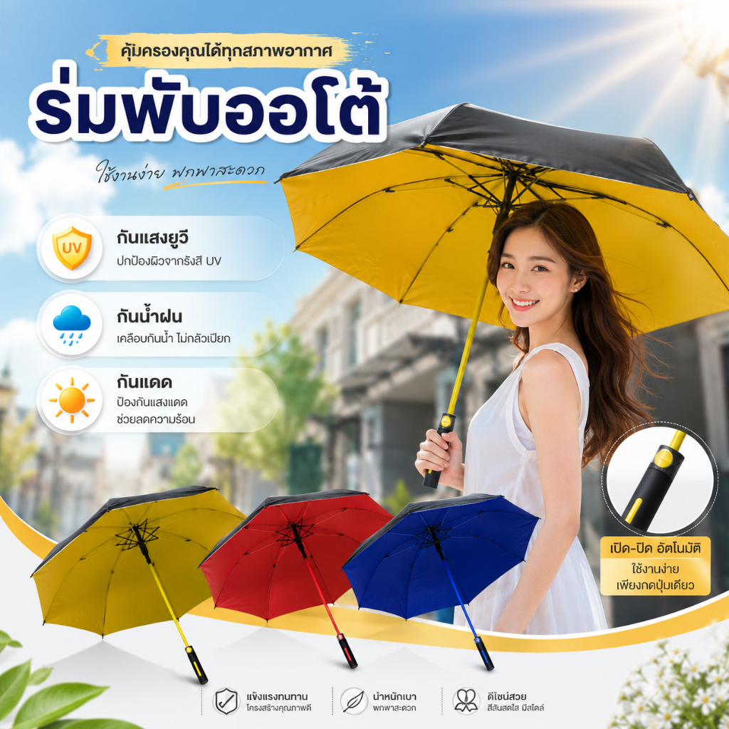 ร่มออโต้ก้านยาว ร่มกันฝนด้ามยาว ร่ม ร่มขนาดใหญ่ ร่มกันแดด ร่มกันฝน มีปลอกเก็บน้ำE25