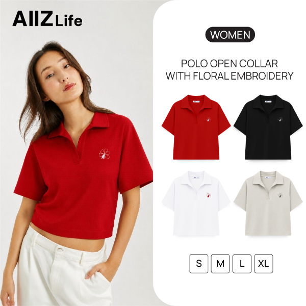 AIIZ (เอ ทู แซด) - เสื้อโปโลผู้หญิงแขนสั้นแบบไม่มีกระดุม AIIZ Women's Polo Open Collar with Floral Embroidery