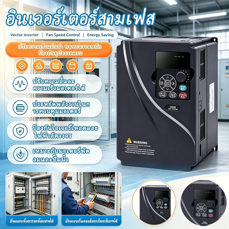 อินเวอร์เตอร์ VFD แปลงไฟบ้าน 1เฟส 220V ให้กลายเป็น 3เฟส 380V มีขนาดกำลัง 5.5KW ให้เลือก ควบคุมรอบมอเ