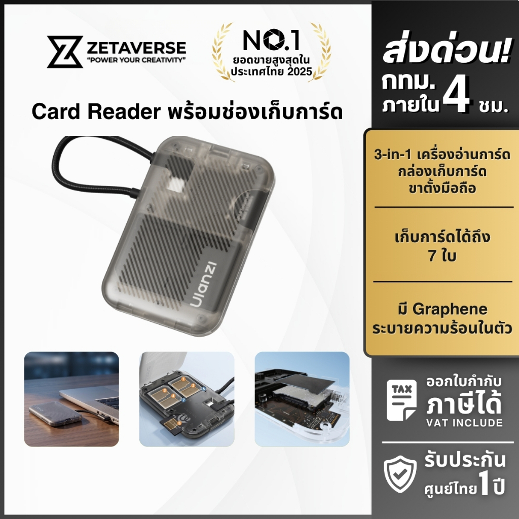 Ulanzi CC02 เครื่องอ่านการ์ด SD USB-C พร้อมกล่องเก็บการ์ด ขาตั้งในตัว รองรับ SD 4.0 ความเร็ว 312MB/s