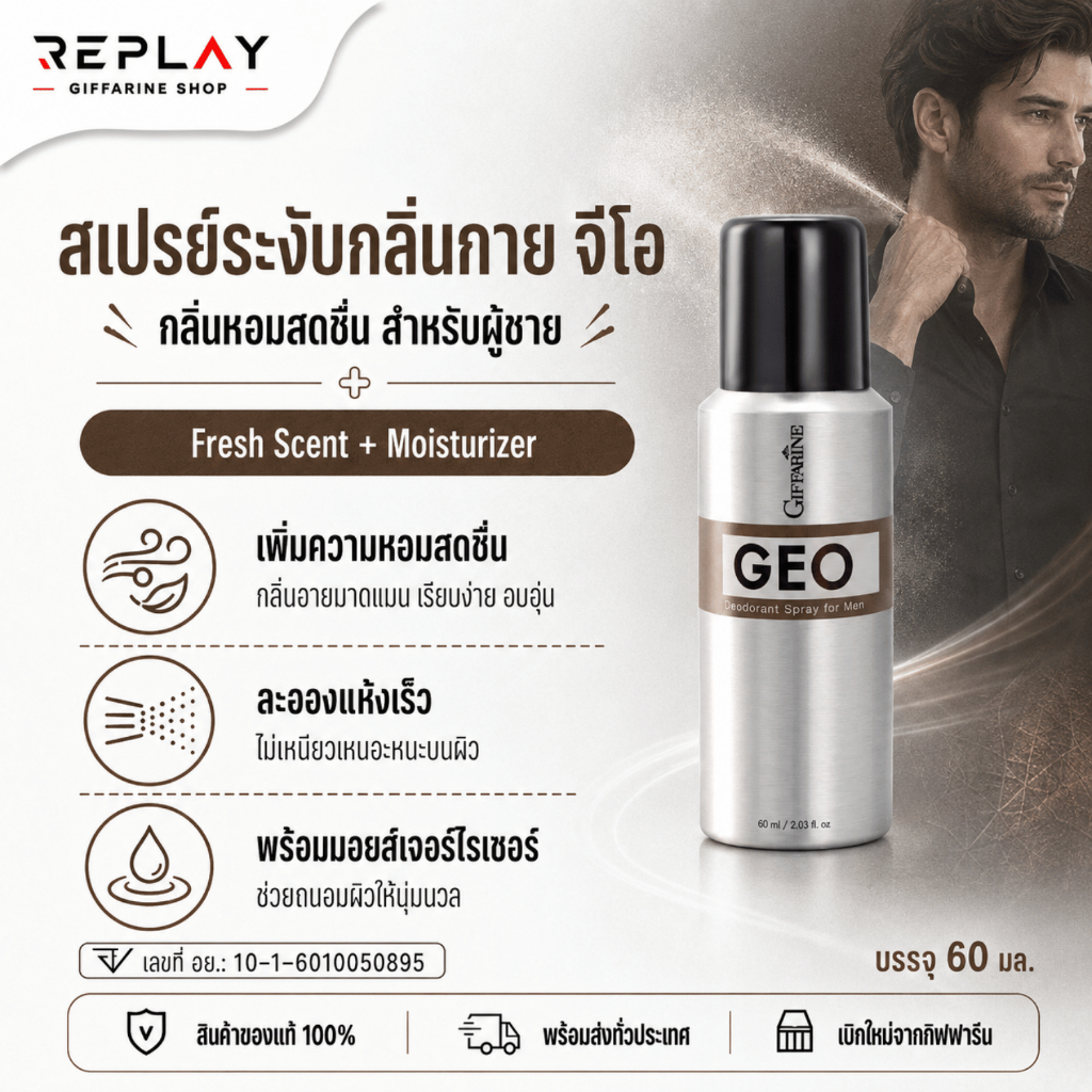 กิฟฟารีน จีโอ Geo 60 มล. สเปรย์ระงับกลิ่นกายผู้ชาย กลิ่นอบอุ่น แห้งไว ไม่เหนียว