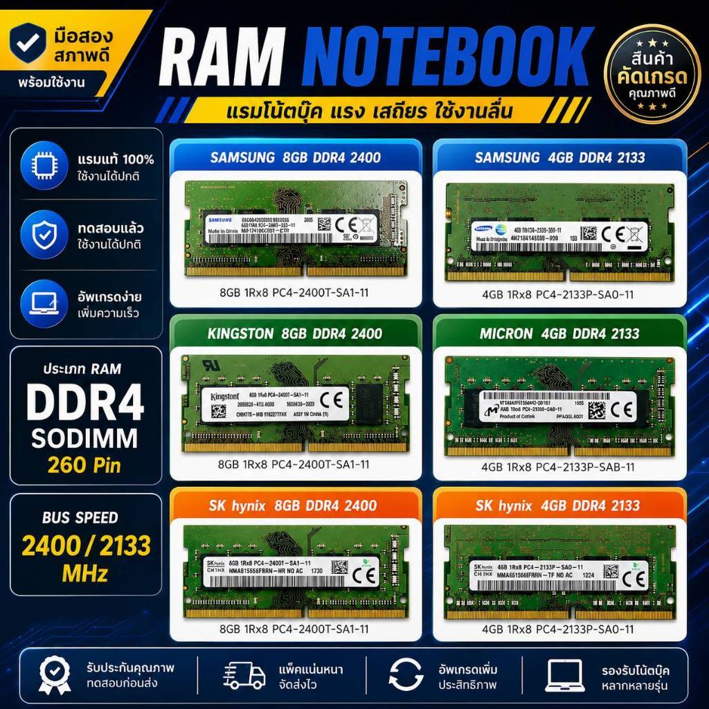 Ram Notebook 4GB/8GB/16GB DDR4 Bus 2133/ 2400/ 2666 มือสอง หลายยี่ห้อ SKhynix Samsung Micron พร้อมส่