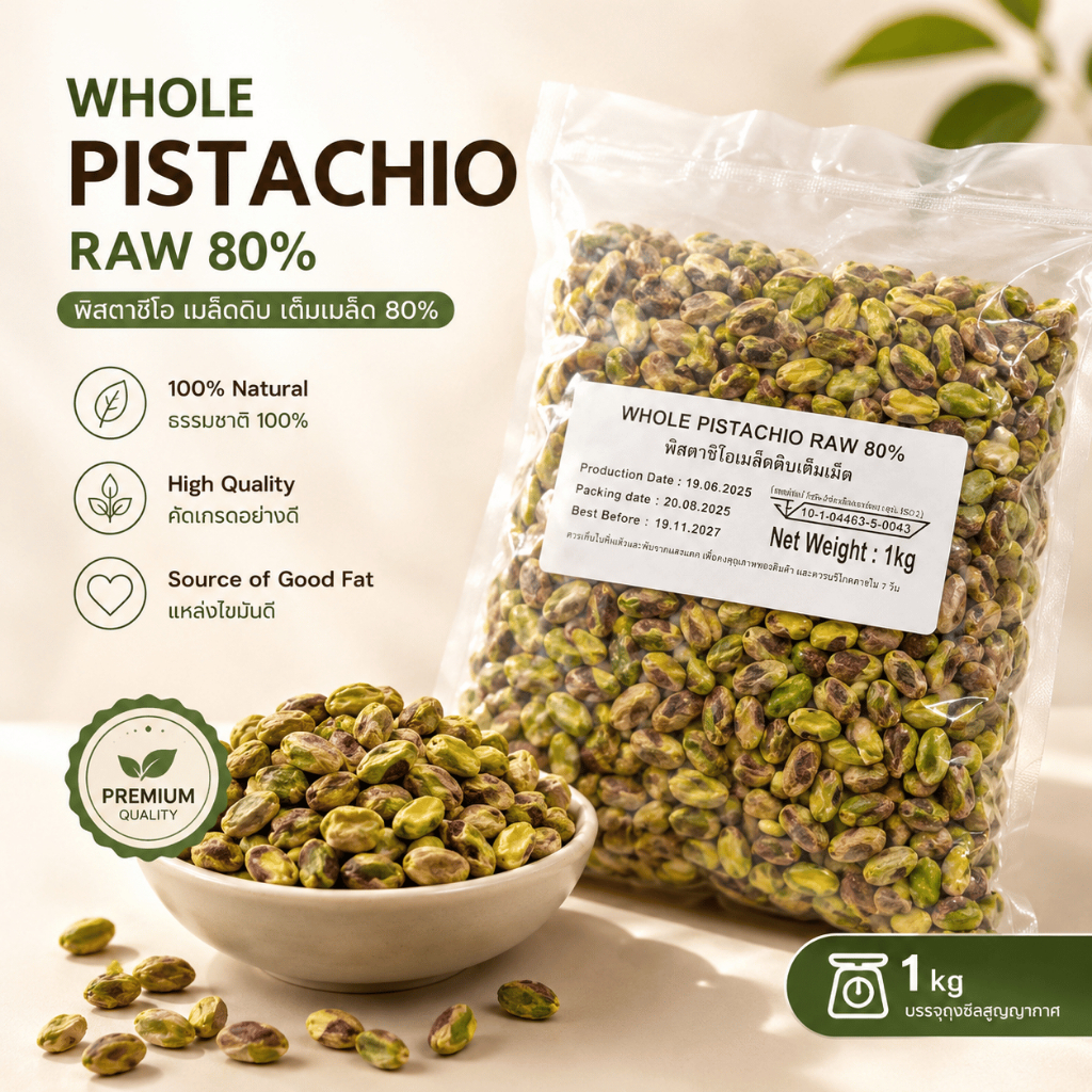 💚 พร้อมส่ง ถั่วพิสตาชิโอ้ดิบ เต็มเมล็ดแบบแกะเปลือก Raw Whole Pistachio ถุงละ 1KG สำหรับทำขนม เบเกอรี