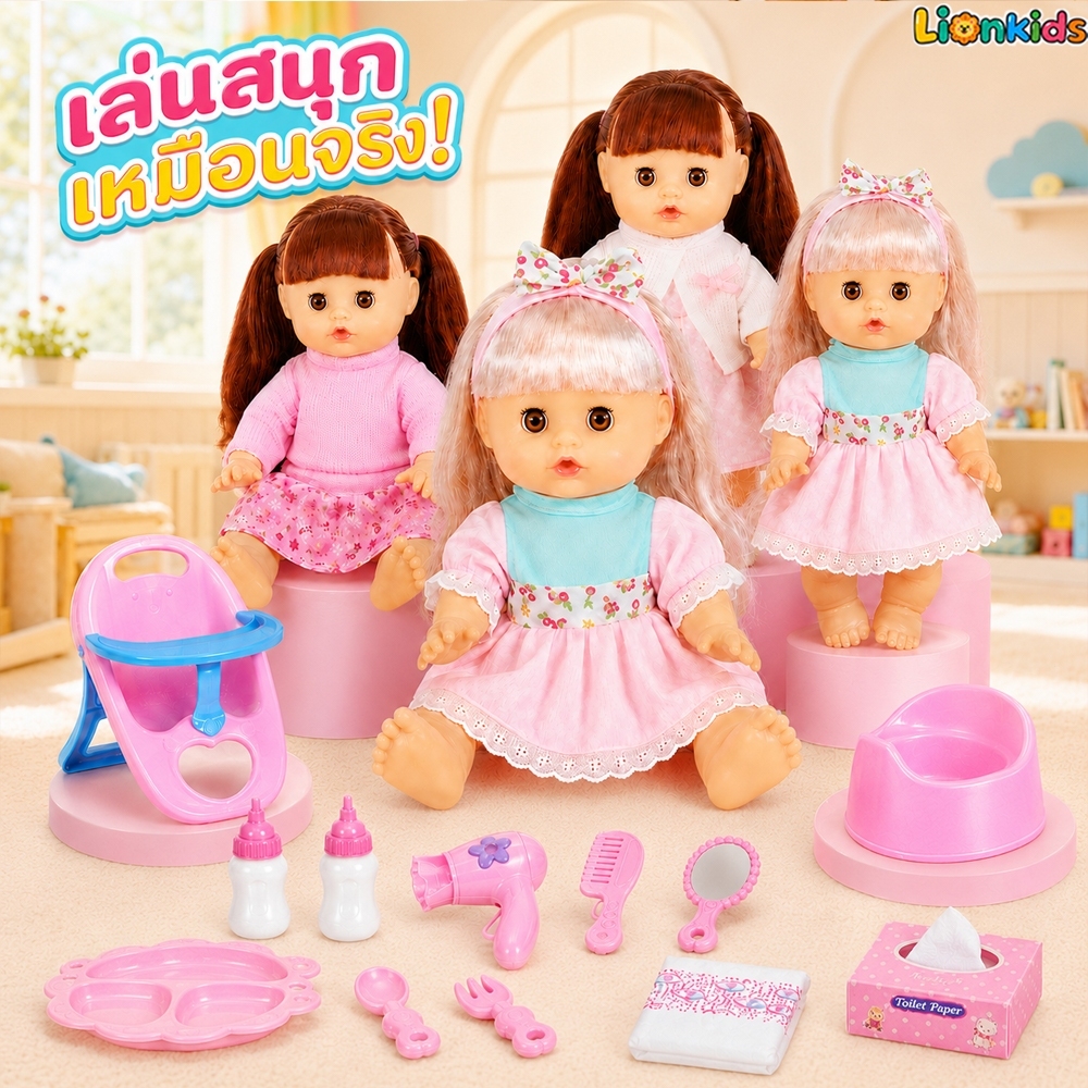 LionKids ตุ๊กตาทารกจำลอง ตุ๊กตาฉี่ได้ กระพริบตาได้ ตุ๊กตาเด็กผู้หญิง กินนมได้ ร้องได้มีเสียง แพ็คกล่องของขวัญ