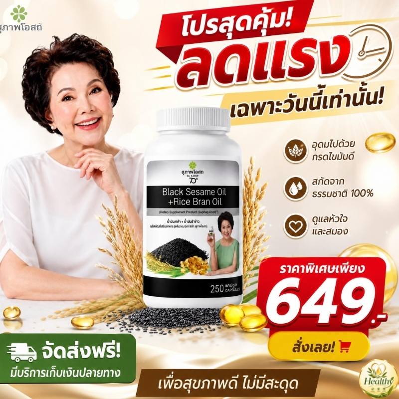 🔥9.9 โปรพิ🔥 สภาพโอสถ Black Sesame Oil + Rice Bran Oil 250 Capsules ลดคอเลสเตอรอล บำรุงหัวใจ สำหรับวั