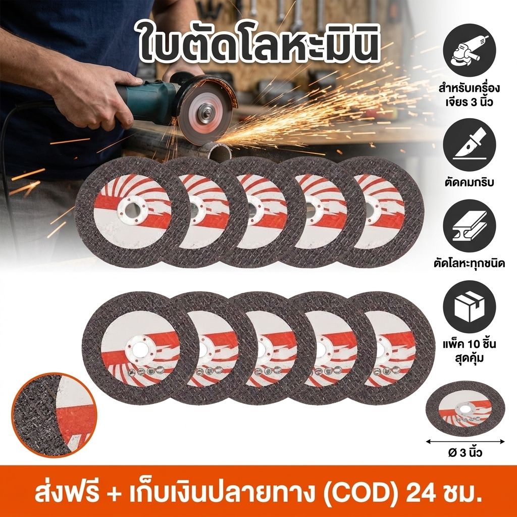 ใบตัดเหล็ก 3 นิ้ว บางพิเศษ (แพ็ค 10 ชิ้น) แผ่นตัดสแตนเลส/โลหะ เสริมใยไฟเบอร์ 2 ชั้น ไม่แตกง่าย พร้อมส่ง