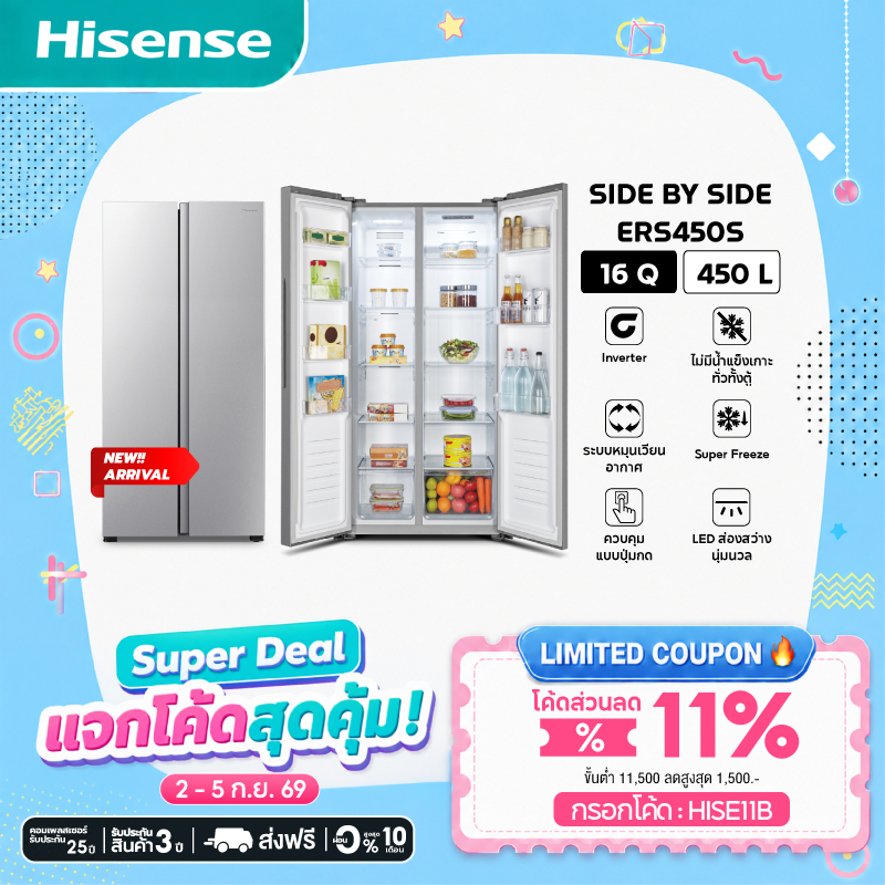 Hisense ตู้เย็น 2 ประตู Side By Side :16Q/450 ลิตร รุ่น ERS450S
