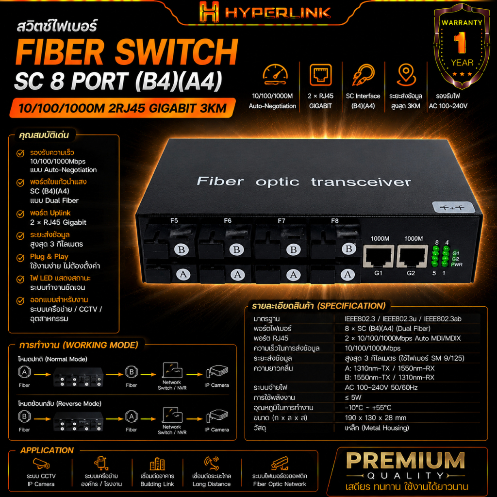 Fiber Switch SC 8Port (B4)(A4) 10/100/1000M 2RJ45 GIGABIT 3KM