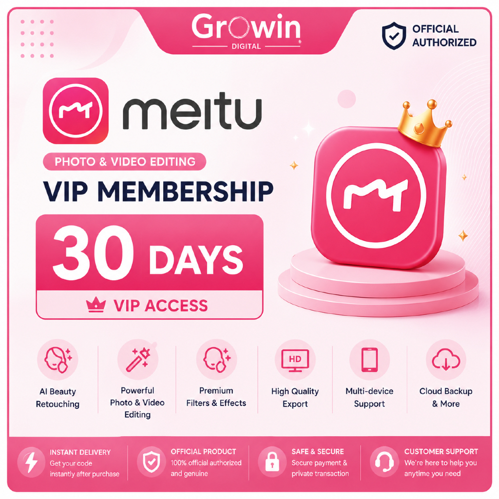 Meitu VIP 30 Days สมาชิกพรีเมียม แอปแต่งรูปและวิดีโอ AI Beauty Filters & Premium Features