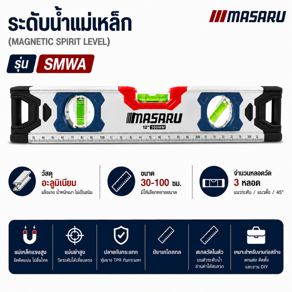 Masaru ที่วัดระดับน้ำ ระดับน้ำแม่เหล็ก 30/60/100 ซม. Spirit Level อลูมิอัลลอยด์ เครื่องวัดระดับน้ำ