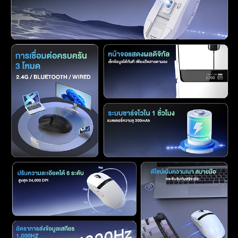 เมาส์เกมมิ่ง Nacodex NJ07 V2 Digital Display Tri-Module PAW3311 Chipset Wireless Mouse รับประกัน 1 ปี รูปที่ 8