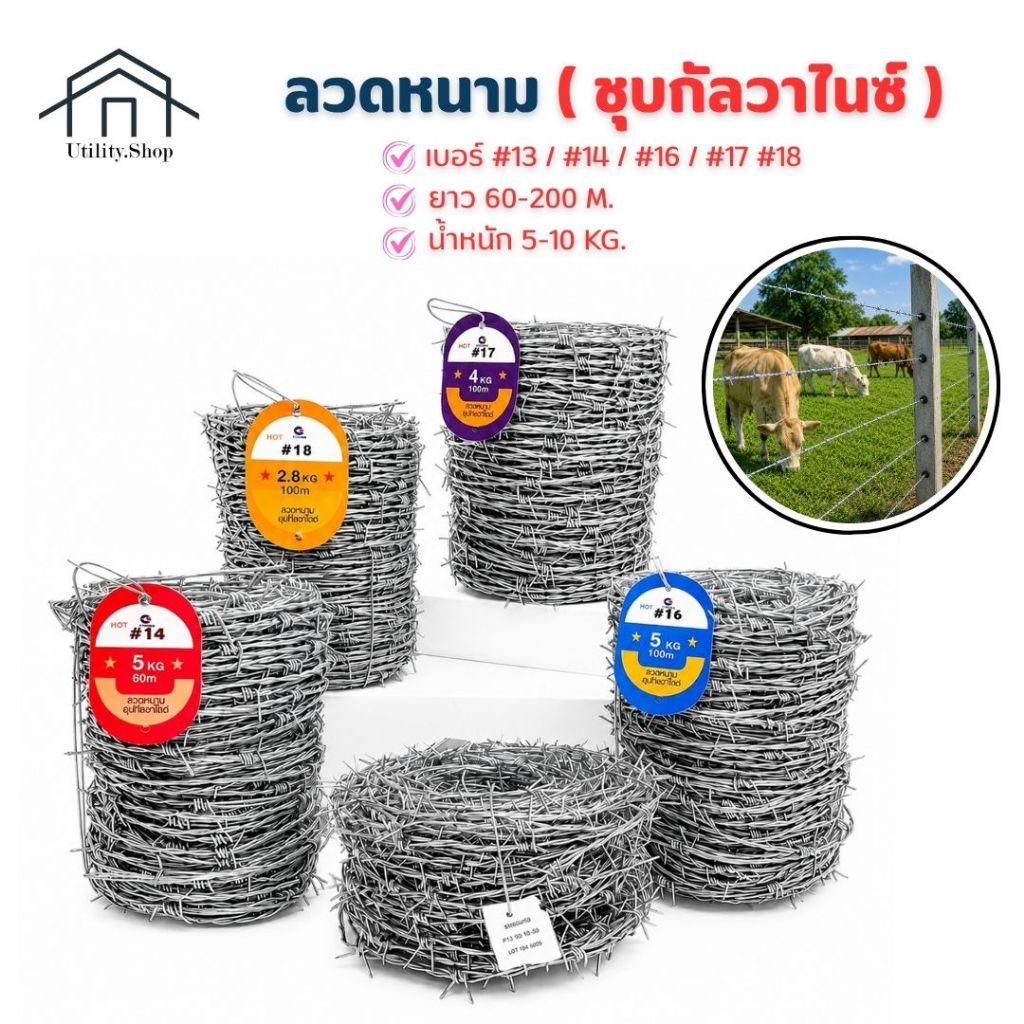 ลวดหนามชุบกัลวาไนซ์ ป้องกันสนิม (ยาว60-200เมตร) นน. 2-10kg. เบอร์13-18 ลวดหนามล้อมรั้ว รวดหนาม ราคาถูก สินค้าดี