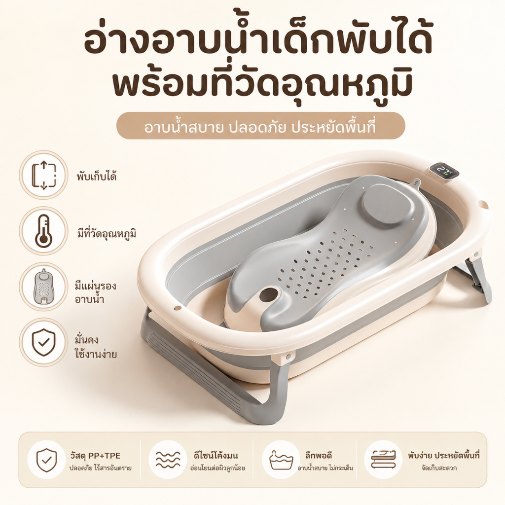 อ่างอาบน้ำเด็กพับได้ พร้อมที่วัดอุณหภูมิ แผ่นรองอาบน้ำ วัสดุ PP+TPE ปลอดภัย