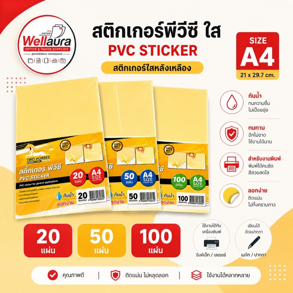 [ส่งด่วน] NOW สติ๊กเกอร์ PVC ใสหลังเหลือง A4 (21x29.7 cm.) 20,50,100 แผ่น สติกเกอร์พลาสติก PVC