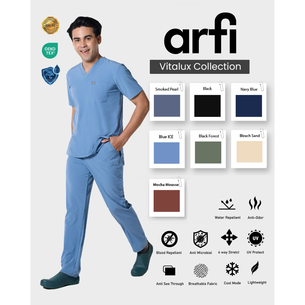 Arfi Scrub Vitalux Male Set ชุดสครับรุ่นขาตรงผู้ชาย ผ้าสะท้อนน้ำ ป้องกันแบคทีเรีย ยับยาก ผ้ายืด 4 ทิ
