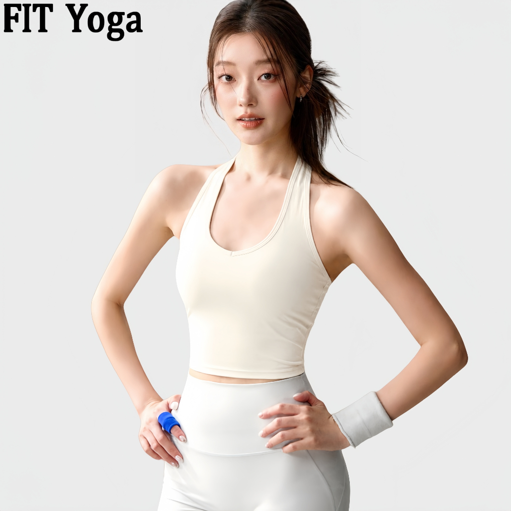 FitYoga เสื้อกล้ามโยคะคอฮอลเตอร์พร้อมแผ่นรองหน้าอกสำหรับผู้หญิงเพื่อสวมใส่ออกกำลังกายและฟิตเนสพิลาทิส