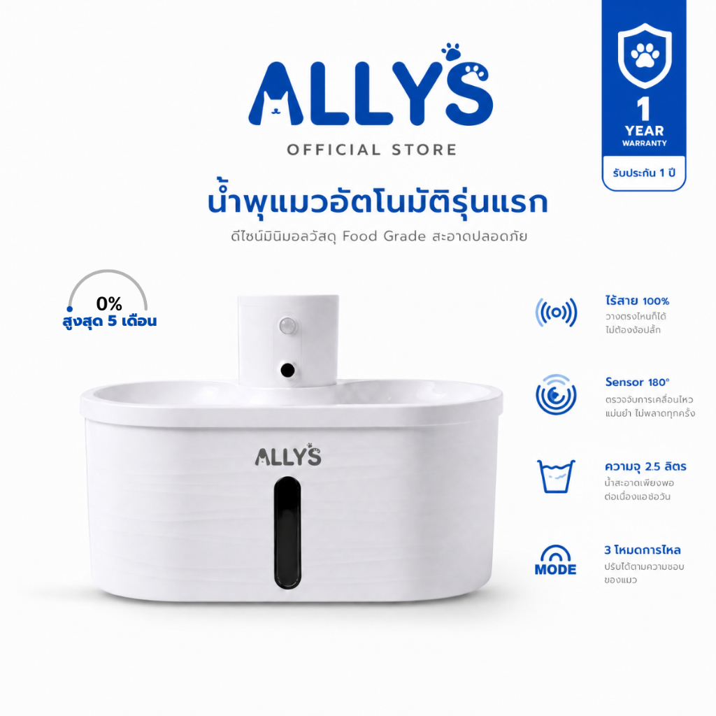 ALLYS น้ำพุแมวไร้สาย 2.5L รุ่น W4 เซนเซอร์อัจฉริยะ ระบบกรอง 4 ชั้น ปลอดภัยแยกน้ำและไฟ แบตนาน 60 วัน ประกัน 1 ปี
