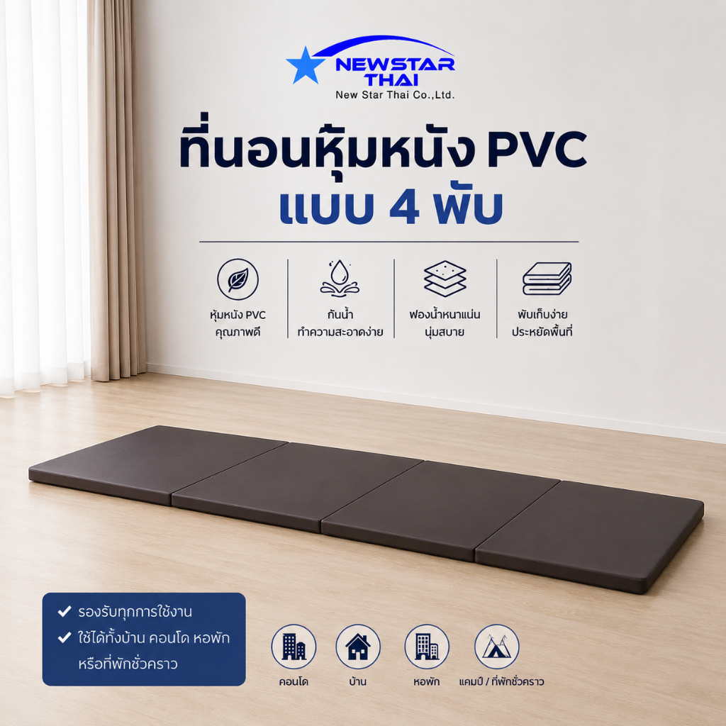 ที่นอนหุ้มหนัง PVC แบบ 4 พับ แผ่นรองนอนหนังเทียม กันน้ำ ทำความสะอาดง่าย ไม่นุ่มยวบ หนา 1 นิ้ว