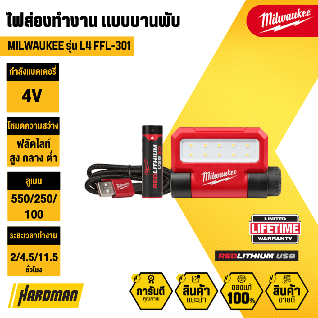 MILWAUKEE L4 FFL-301 ไฟส่องทำงานแบบบานพับ REDLITHIUM™ USB
