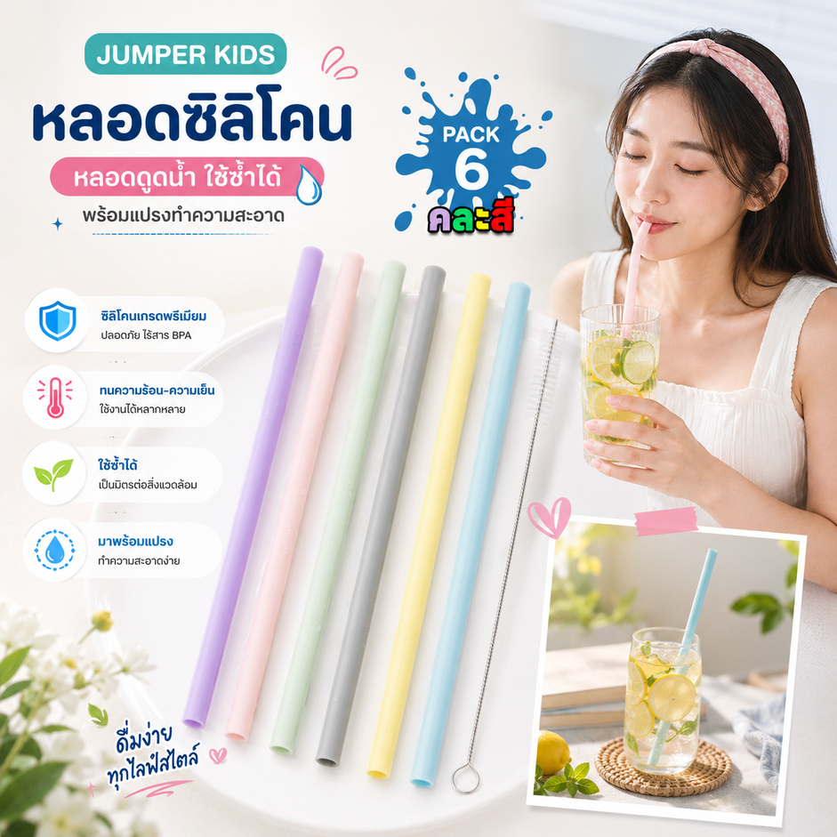 แพ็ค 6 ชิ้น Jumper Kids หลอดซิลิโคน หลอดยาง หลอดดูดน้ำ ใช้ซ้ำได้ พร้อมแปลงทำความสะอาด (คละสีเงา)