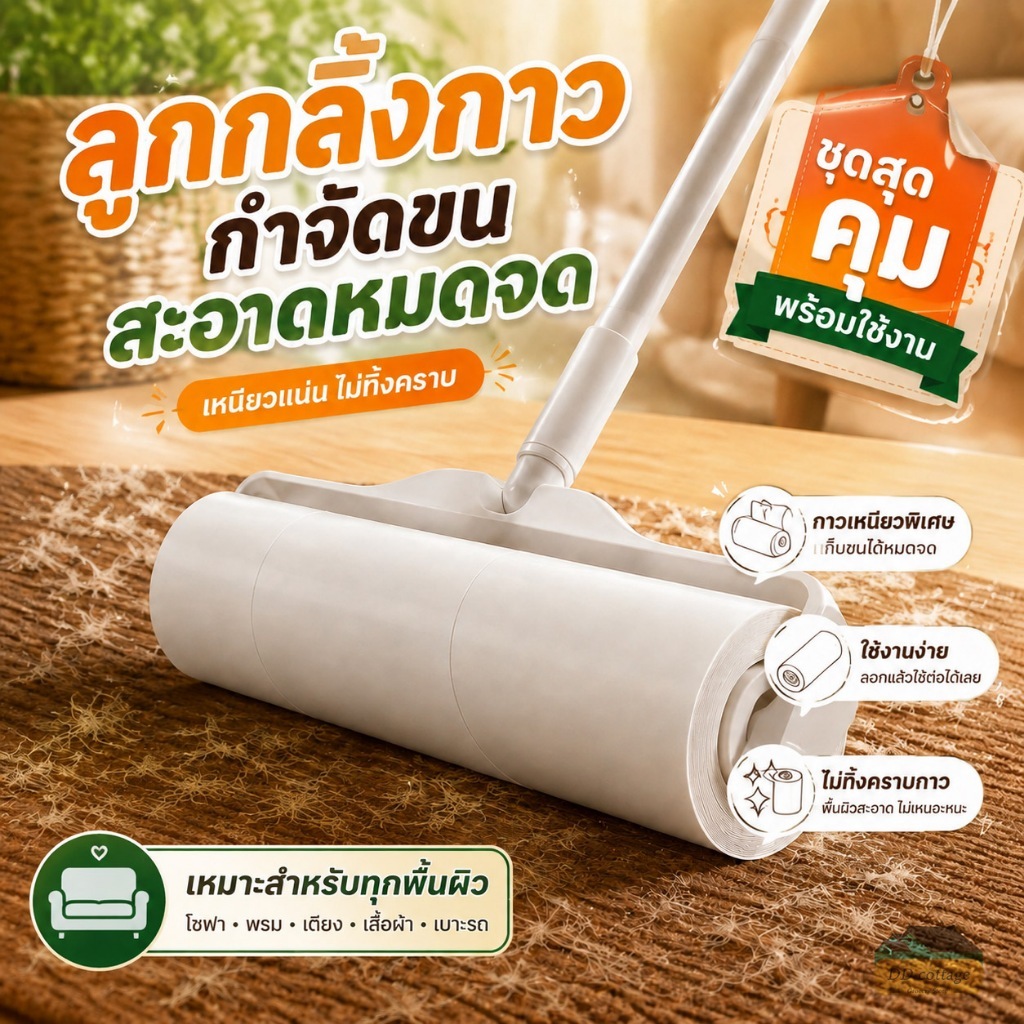 ลูกกลิ้งกระดาษกาวเก็บขน ชุดด้ามพร้อมม้วนกาว 10 ม้วน ขนาด 24/19 ซม. กำจัดขนสัตว์เลี้ยง ฝุ่น เส้นผมได้ดี