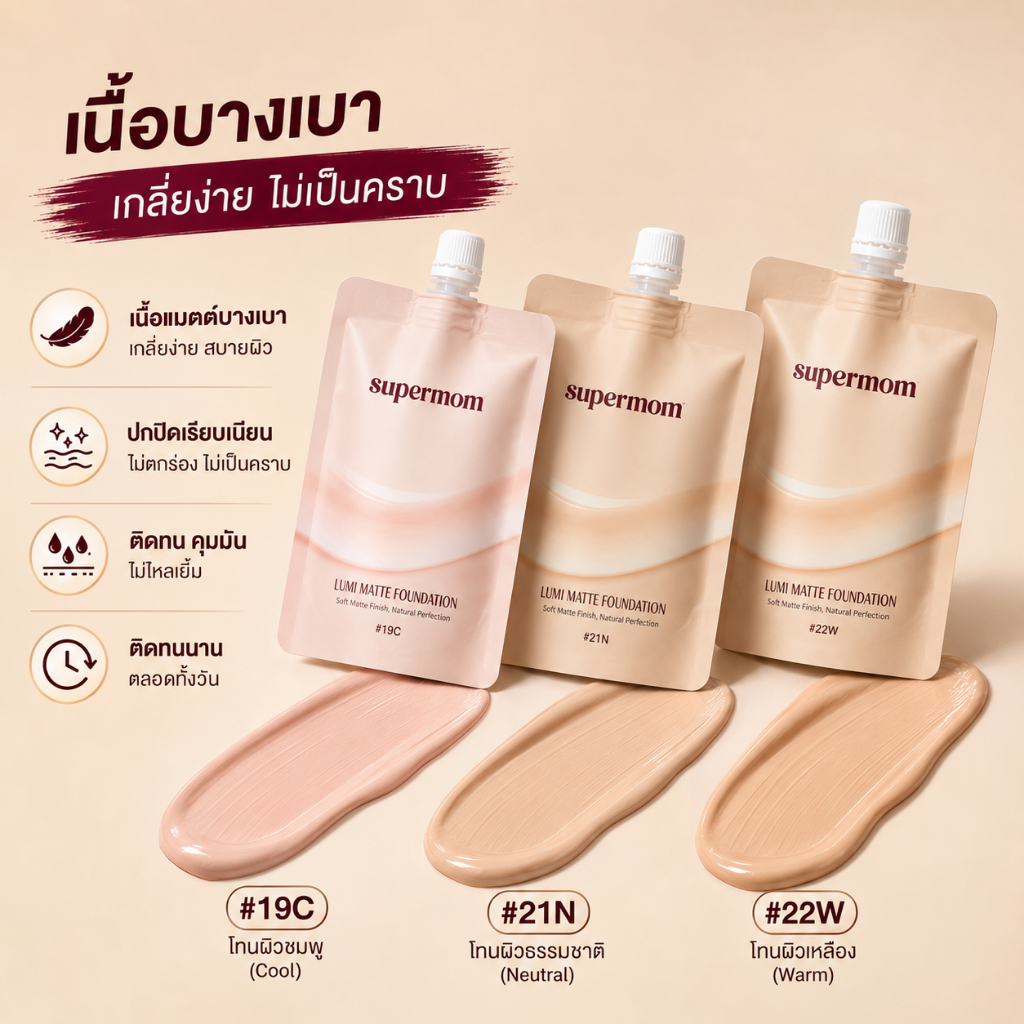 Supermom LUMI MATTE FOUNDATION รองพื้นเนื้อแมตต์ บางเบา ปกปิดเนียน คุมมัน ติดทนนาน ผิวสวยเป็นธรรมชาต