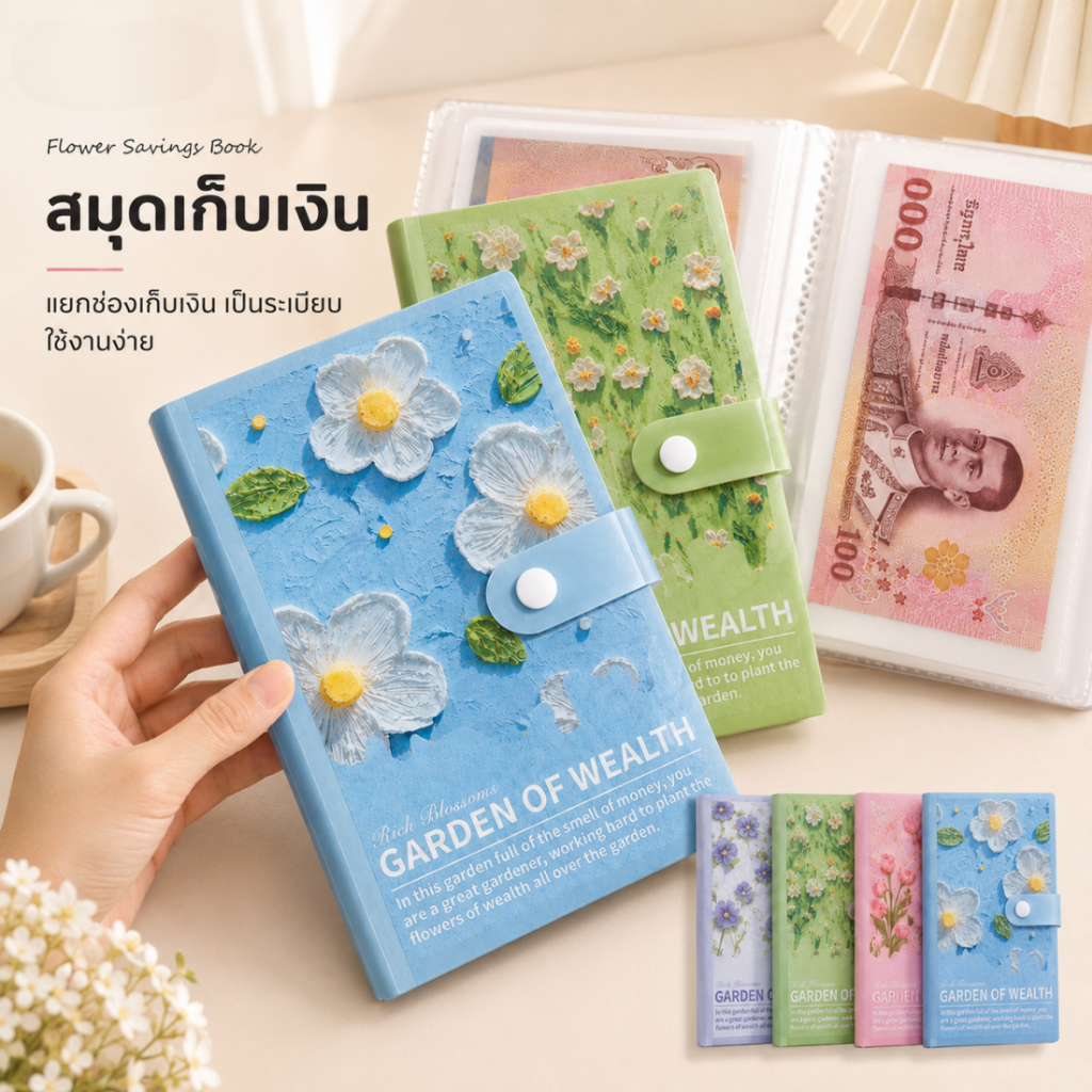 สมุดออมเงิน 100 ซอง สมุดเก็บเงิน สมุดออมทรัพย์ ช่องเก็บธนบัตรและเหรียญ พกพาง่าย กันน้ำ ลายน่ารัก มีหลายสี