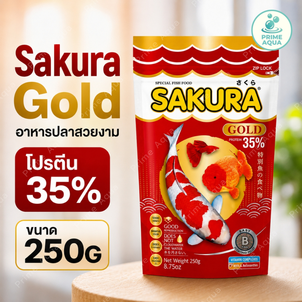 Sakura Gold 250G อาหารปลาสวยงาม เม็ด 3 สี โปรตีน 35% เม็ดลอย ซากุระ โกลด์