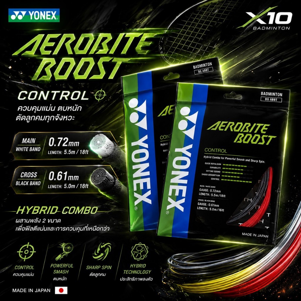 YONEX AEROBITE BOOST BGABBT เอ็นแบดมินตัน Yonex Hybrid สายคอนโทรล ตบหนัก ตัดลูกคม ของแท้ Made in Japan