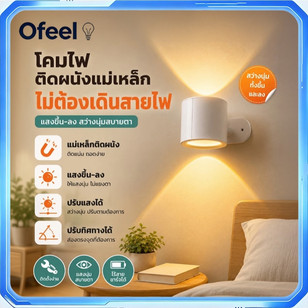 Ofeel โคมไฟติดผนังแม่เหล็ก ชาร์จได้ ไร้สาย แสงขึ้น-ลง ปรับความสว่าง/โทนแสงได้ ถอดง่าย เหมาะหัวเตียง อ่านหนังสือ