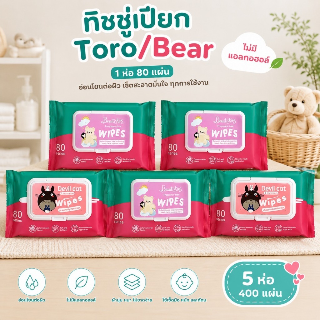 ทิชชู่เปียกคละลาย Baby Wipes 5ห่อ 1ห่อ40แผ่น ทิชชู่เปียกทำความสะอาด กระดาษทิชชู่เปียก ขนาดเล็กพกพา