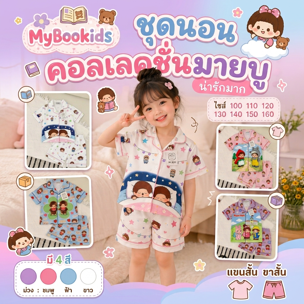 ชุดนอนเด็ก คอลใหม่มายบู ลายการ์ตูน น่ารักมาก แขนสั้น-ขาสั้น แนะนำ + 1 ไซส์