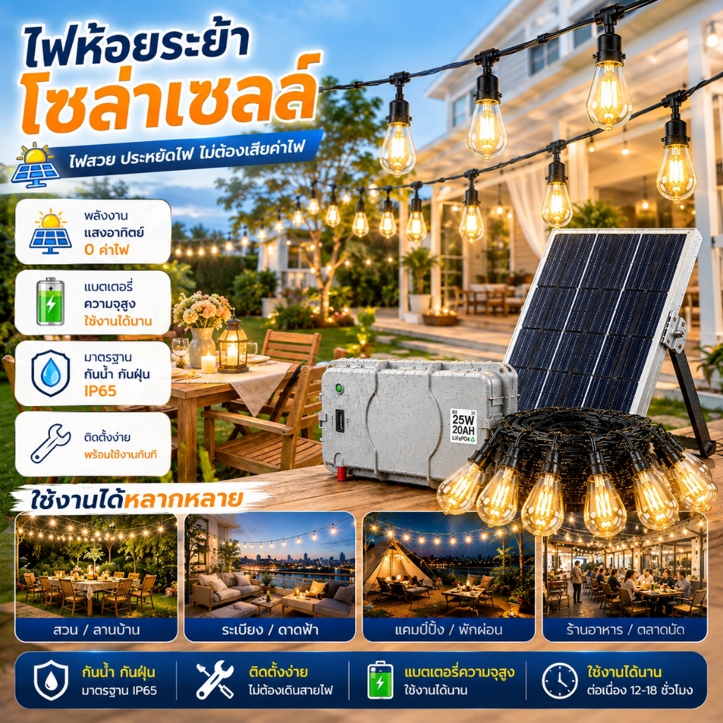 ไฟประดับโซล่าเซลล์ ไฟสายตกแต่งสวน 8M 13M 18M กันน้ำ IP65 แสงวอร์มไวท์ 2700K ใช้งานกลางแจ้ง