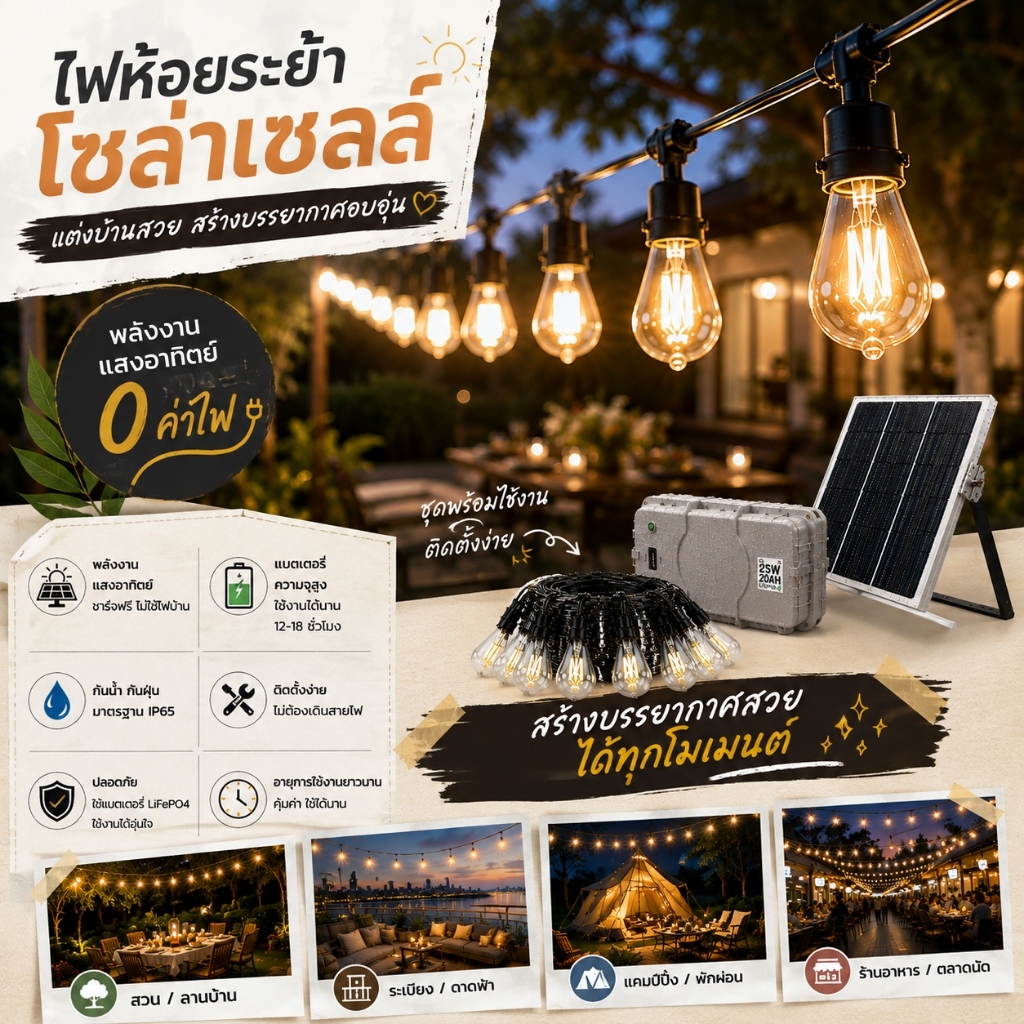 ไฟโซล่าเซลล์ตกแต่งสวน ไฟสายวอร์มไวท์ 2700K 8M 13M 18M กันน้ำ IP65 ไม่ต้องต่อไฟบ้าน